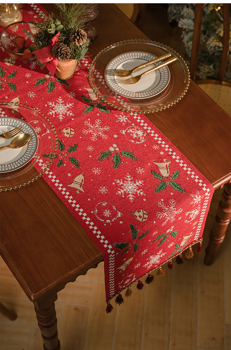 Red Christmas Table Runner with Tassels - Festive Snowflake & Bell Print (35*220cm)