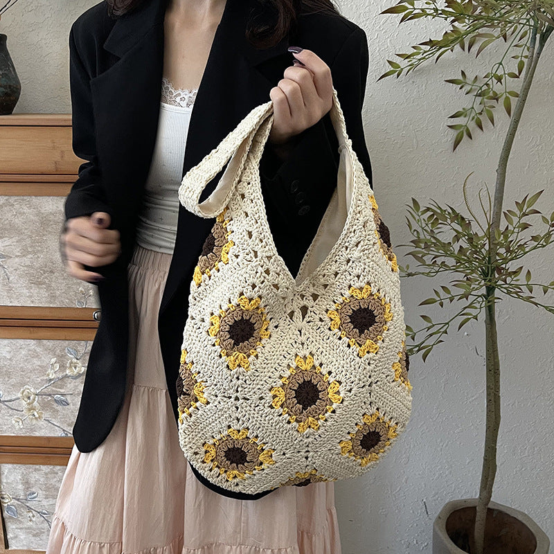 Yellow Flower-Patterned Cotton Crochet Tote Bag - Beach and Commute Essential