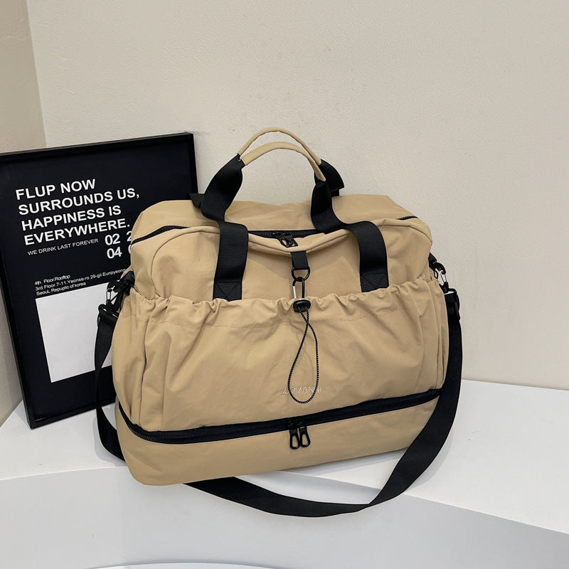 khaki and Black Large Capacity Travel Bag with Wet/Dry Separation - Canvas + Polyester, Lightweight Handbag for Short Trips and Fitness, Fits on Luggage