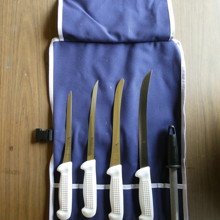 Victory recreational commercial fishing knife roll set white plastic handles stainless steel filleting and splitting knives set