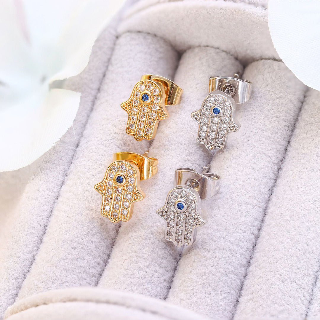 Hamsa Stud Earrings with Evil Eye Crystal-0