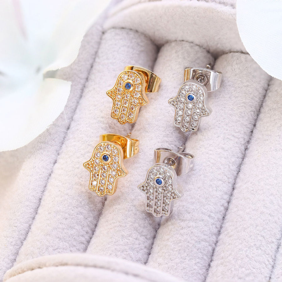 Hamsa Stud Earrings with Evil Eye Crystal-0