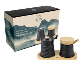 Peugeot Bali cast iron GIFT SET PEPPER MILL+SALT DISPENSER+A TRAY - BLACK - 8 cm