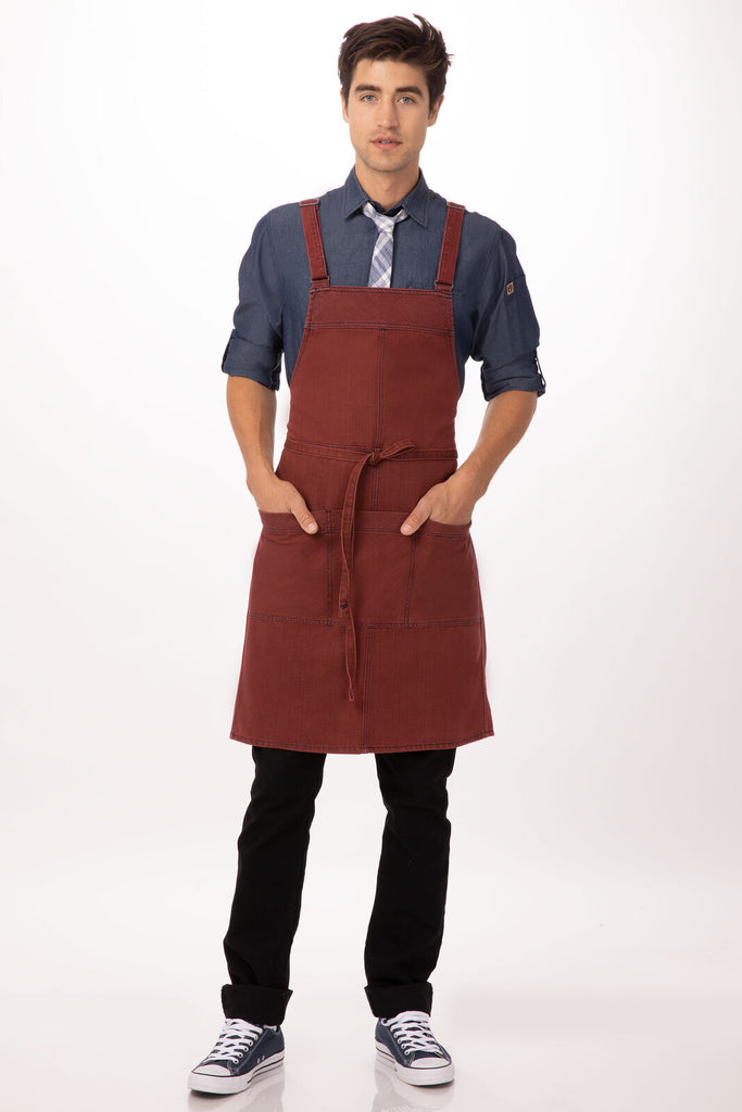 Chef Works Uptown Cross-Back Bib Apron- Red Navy