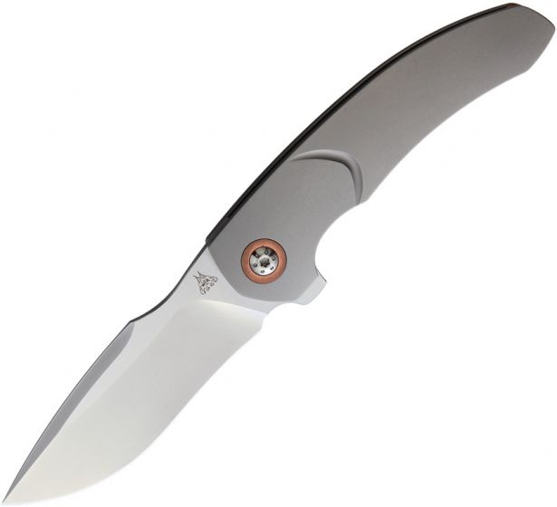 A folding knife with a silver titanium handle and a satin finish stainless steel blade, featuring copper accents and a pocket clip. The knife is partially open, displaying the blade and the handle.
