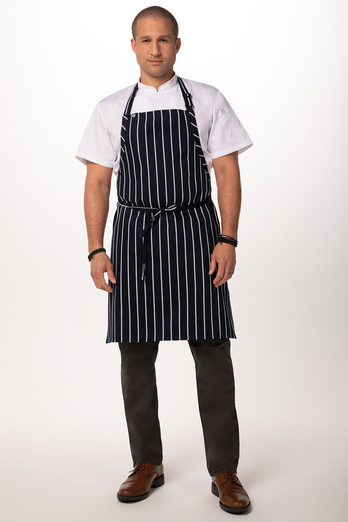 Chef Works Striped Bib Apron No Pocket- Navy/White