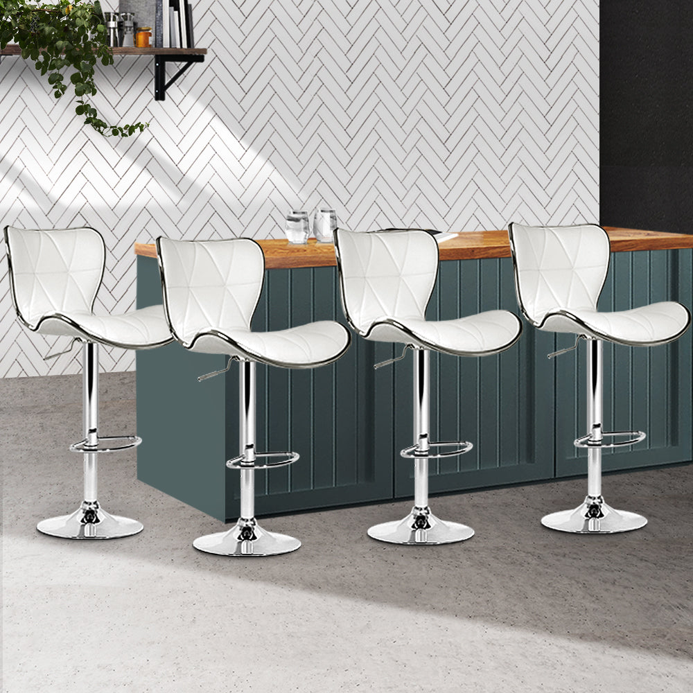 Artiss 4× White PU Leather Gas-Lift Bar Stools with Chrome Base
