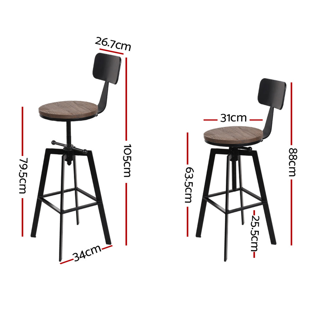 Artiss 2x Adjustable Wooden Bar Stools with Backrest