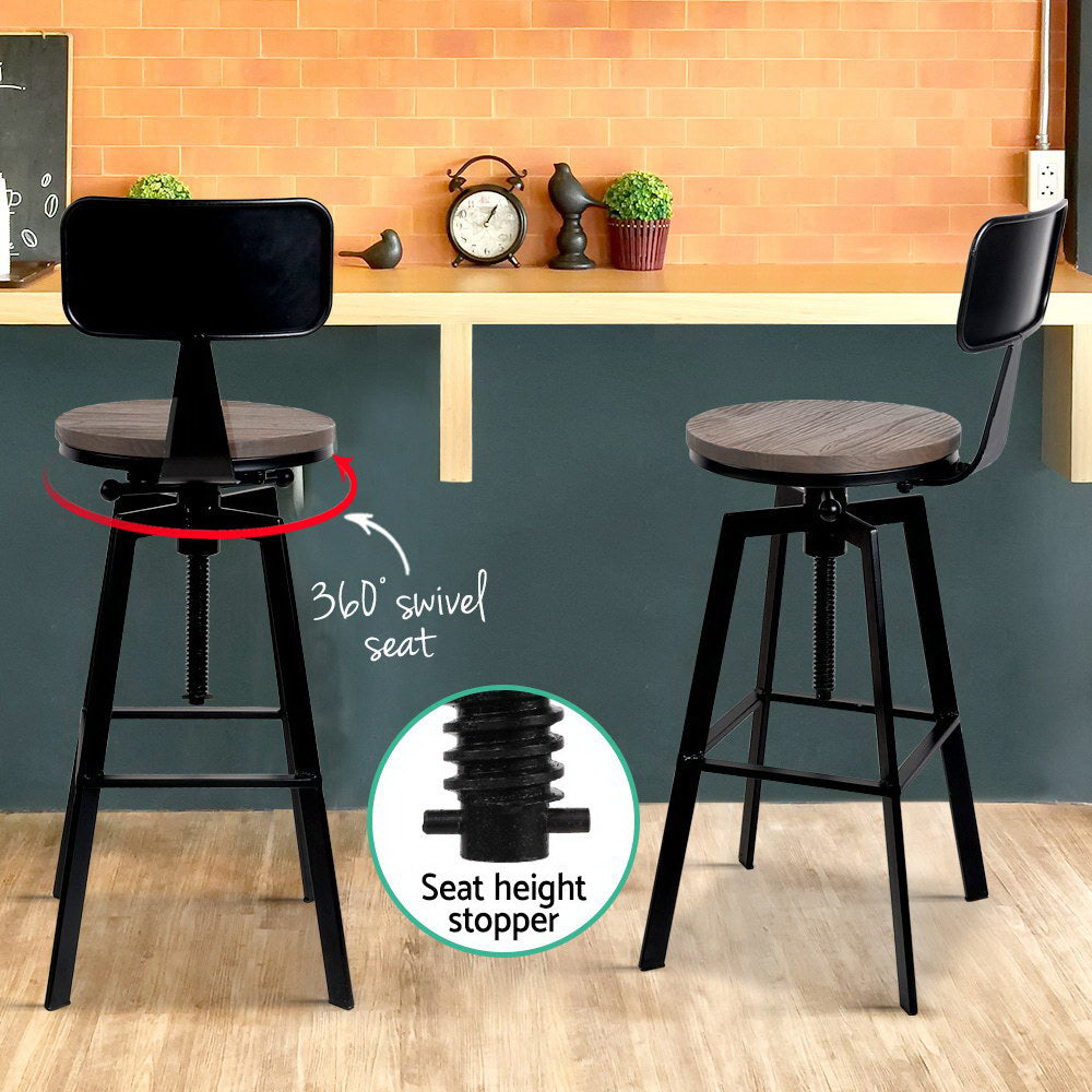 Artiss 2x Adjustable Wooden Bar Stools with Backrest