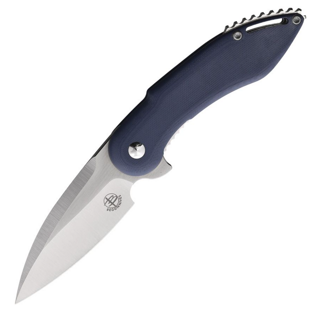 A folding knife with a silver blade and grey handle, featuring a pocket clip and flipper opening mechanism.