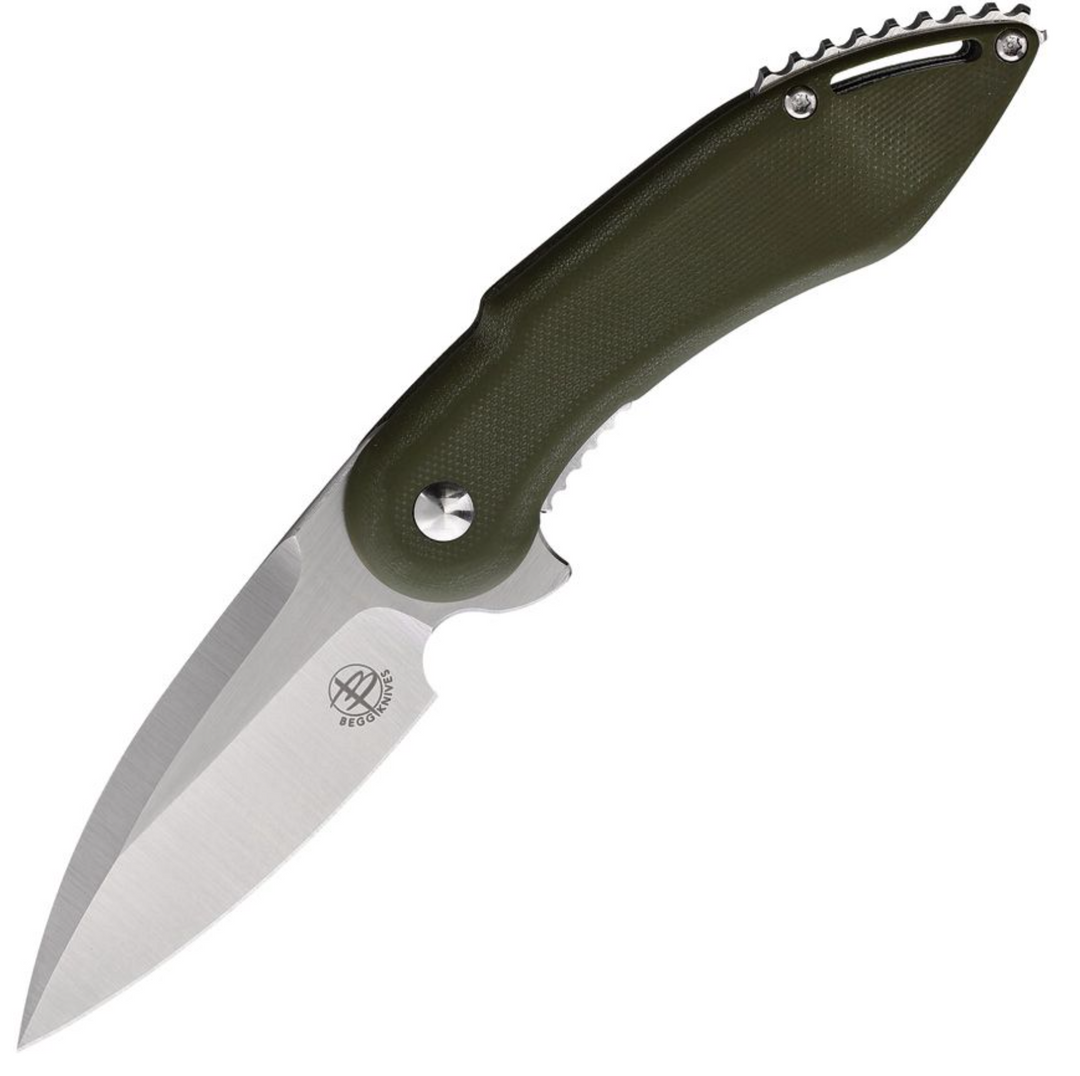A folding knife with a green handle and a partially serrated edge.