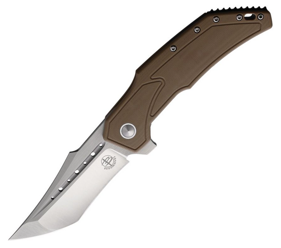 A folding knife with a brown handle and stainless steel blade, featuring a frame lock mechanism.