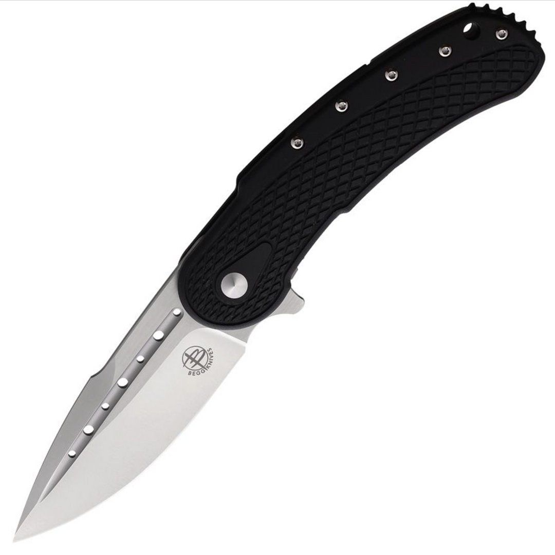 A folding knife with a black handle and a silver blade, featuring a frame lock mechanism.