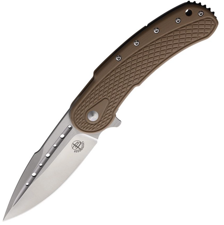 A folding knife with a brown handle and stainless steel blade, featuring a framed lock mechanism.