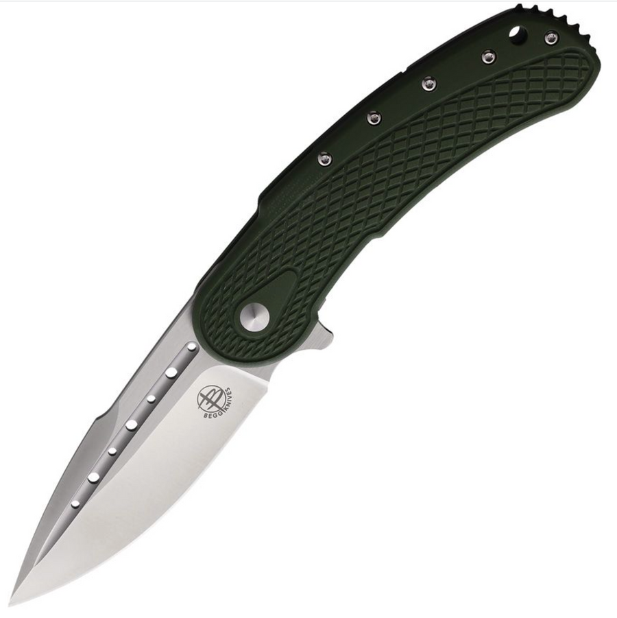 A folding knife with a green handle and stainless steel blade, featuring a framelock mechanism.