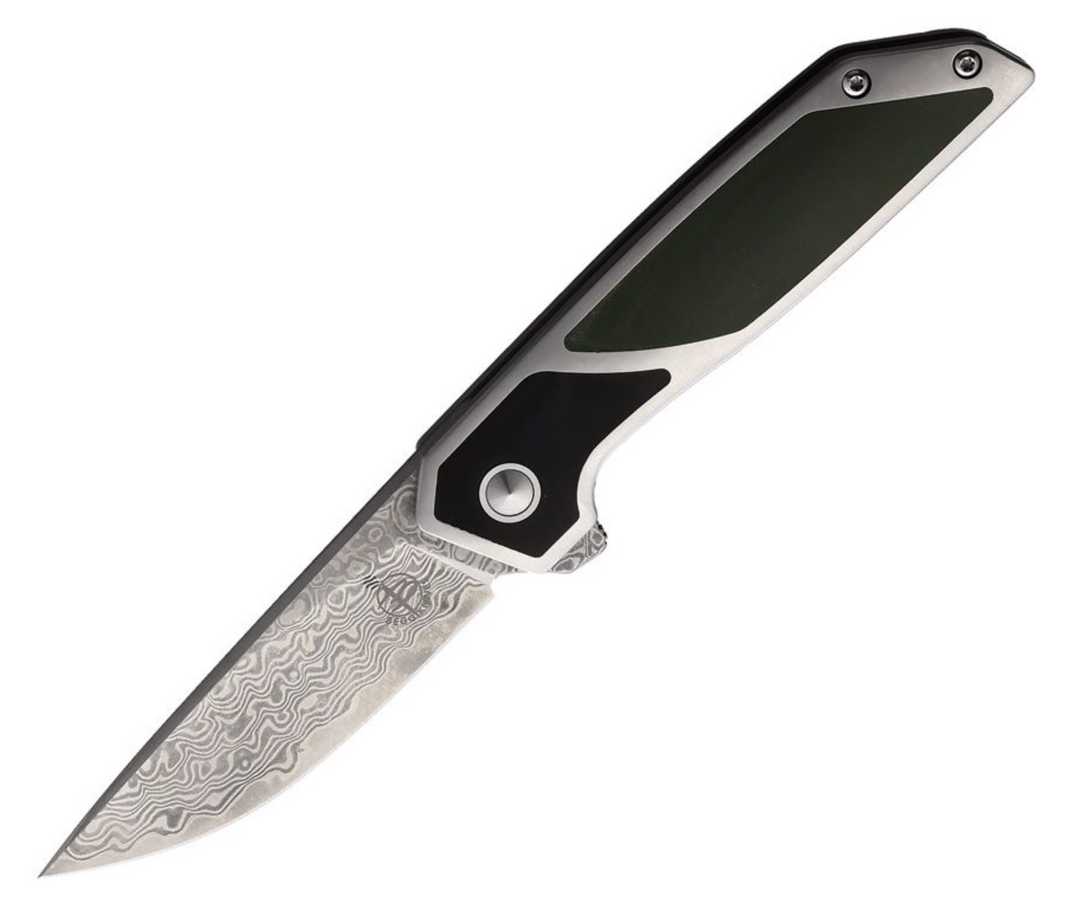 A foldable hunting knife with a Damascus patterned blade, black G10 handle, and metal liners.