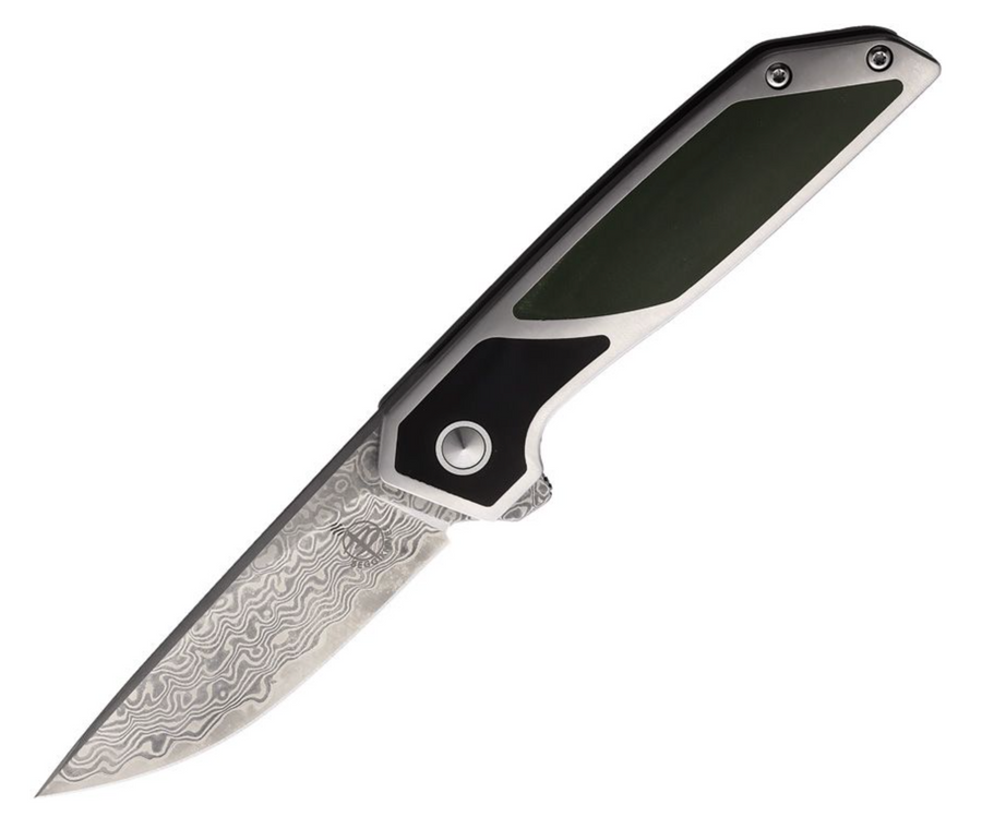 A foldable hunting knife with a Damascus patterned blade, black G10 handle, and metal liners.