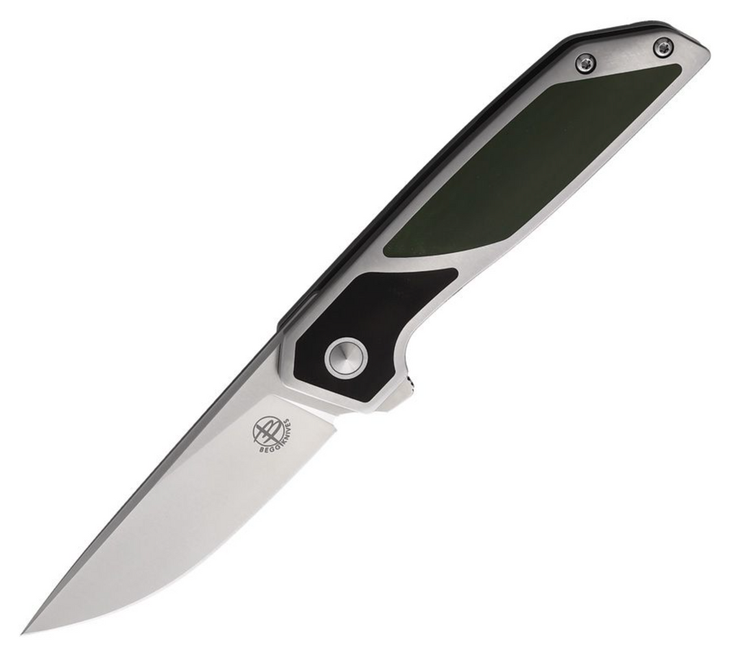 A folding knife with a silver blade, black G10 handle, and metal liners.