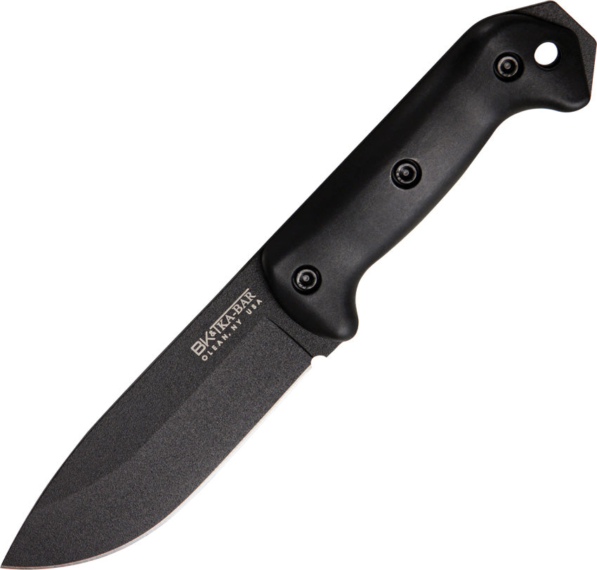 A fixed blade hunting knife with a black epoxy powder coated 1095 Cro-Van carbon steel blade and black Grivory handle, accompanied by a black glass filled nylon belt sheath with storage pouch. Becker. | King of Knives e-store