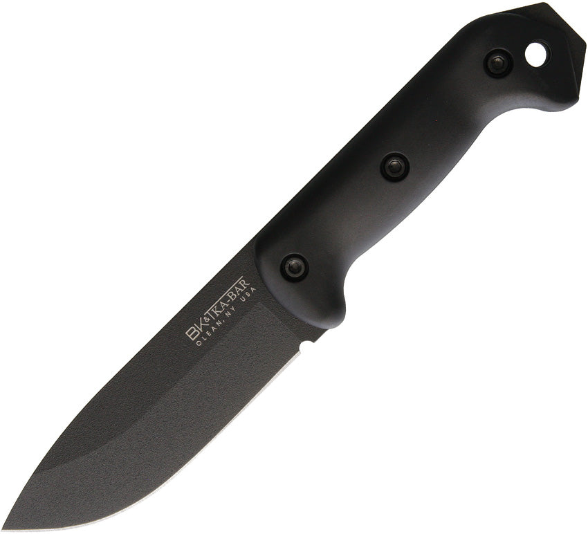A black fixed blade hunting knife with a drop point blade design, black epoxy powder coated steel, and black Grivory handle with a lanyard hole. The knife is partially inserted into its black glass reinforced nylon sheath. | King of Knives e-store