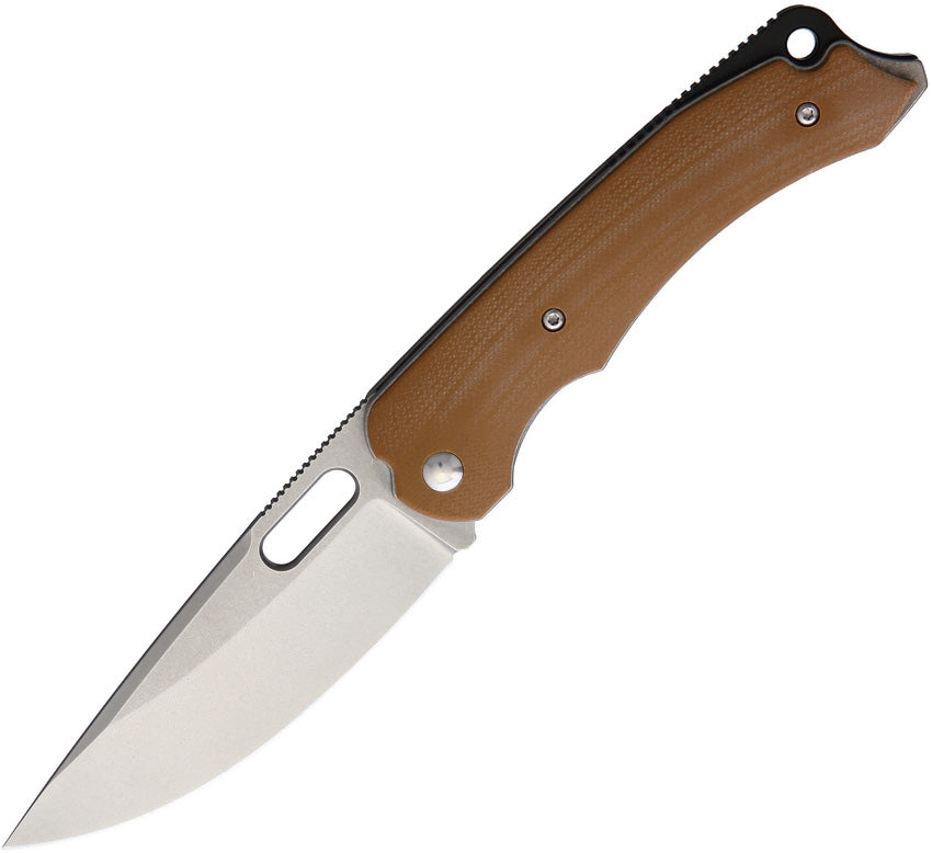 A folding knife with a desert tan G10 handle and a stonewash finish Bohler M390 stainless blade, featuring an extended tang, lanyard hole, thumb pull, and pocket clip.
