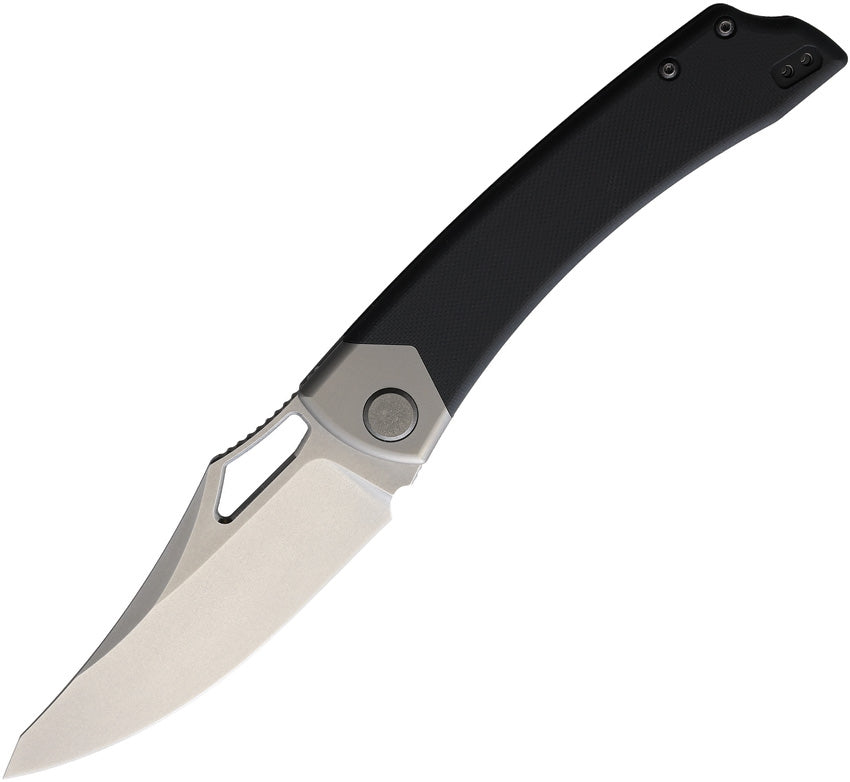 A folding knife with a stonewash finish stainless steel blade and black G10 handle, showing the blade's profile with the knife partially opened.