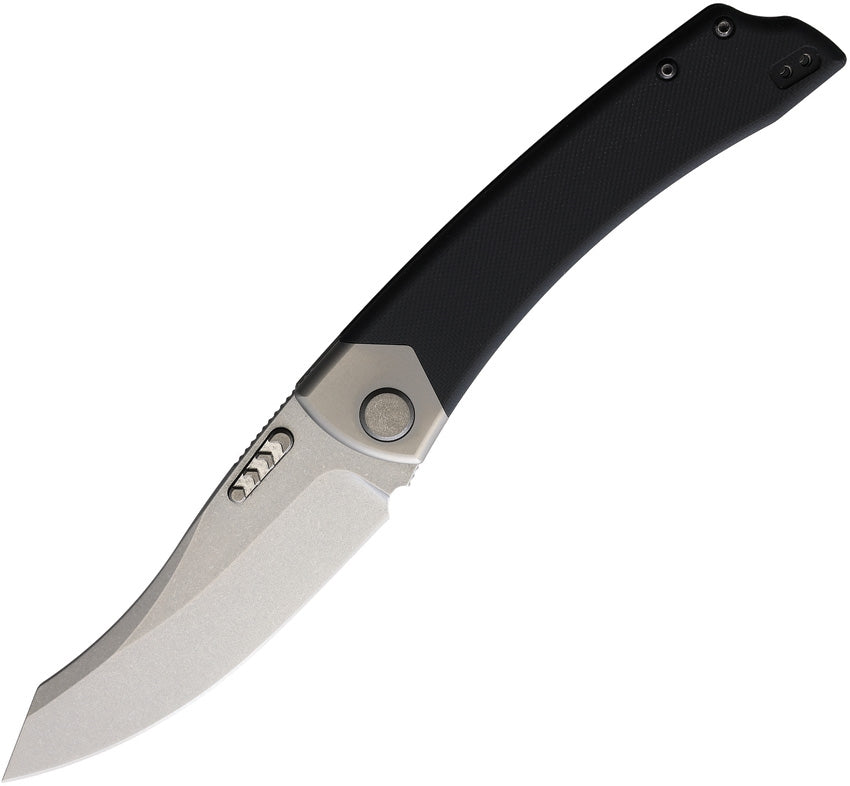 A folding knife with a stonewash finish stainless steel blade and black G10 handle, featuring a liner lock mechanism.