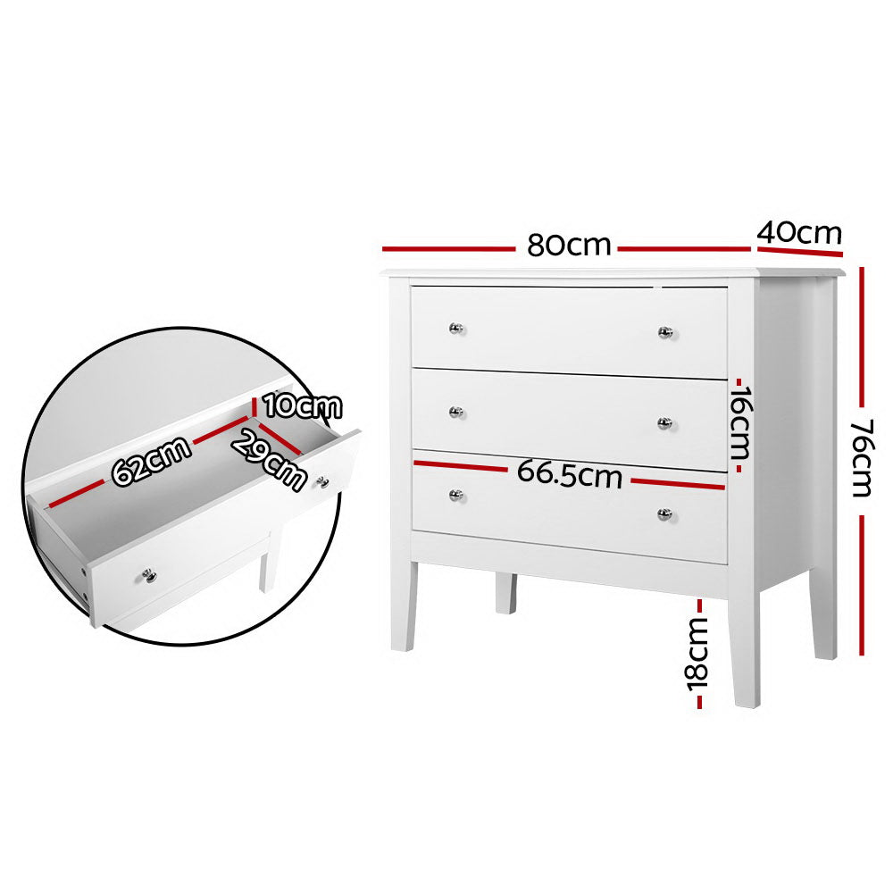 Artiss Brittany 3-Drawer Chest – White MDF Storage Cabinet | King of Knives e-store