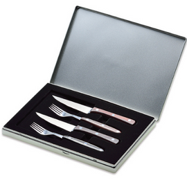 Giesser Steak cutlery, 4 pcs., in aluminium box, olive wood