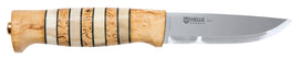 Helle-Arv 87mm blade, curly birch and antler handle with leather