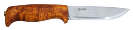 Helle-Gaupe. Triple laminated stainless steel blade 107MM. Curly Birch handle amd leather sheath