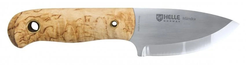 Helle-Mandra 69 mm triple laminated blade, curly birch & vulcan fibre handle