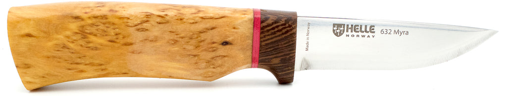 Helle-Myra -Limitd Edition- curly birch & walnut with red leather spacers handle. 72mm triple laminated blade.