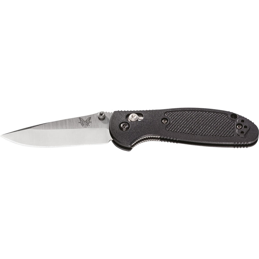A Benchmade 556-S30V Mini Griptilian folding knife with a satin plain blade and a black handle.