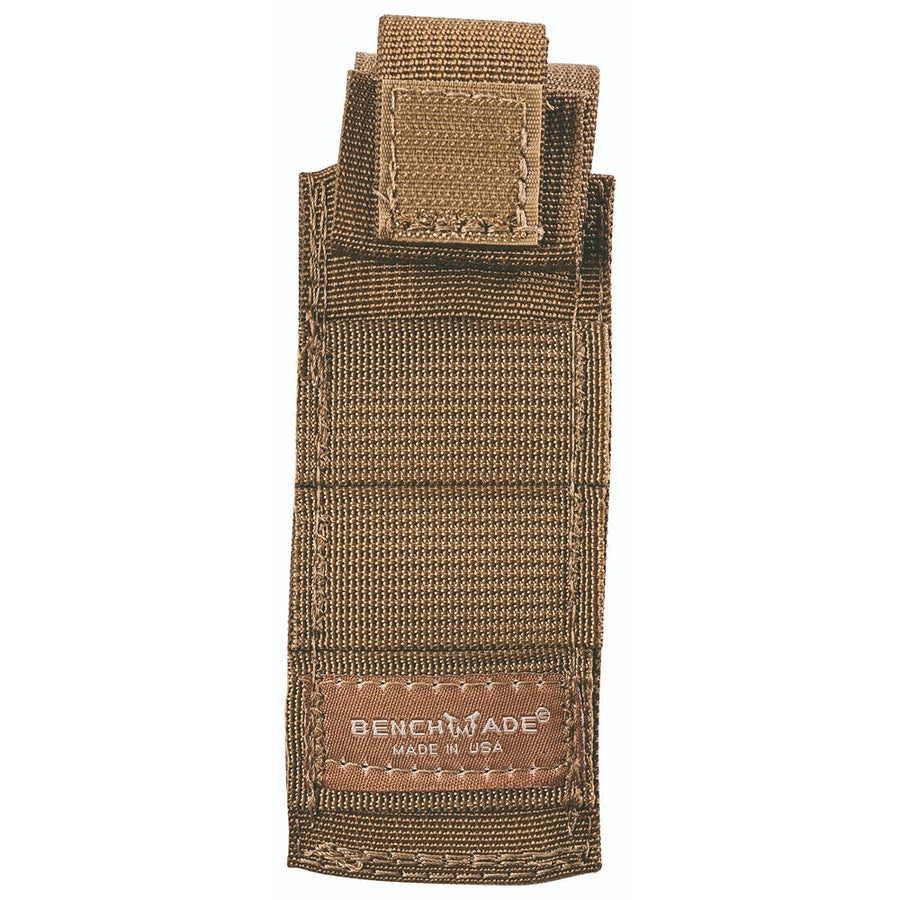 A brown Benchmade folder pouch with a snap-over hood closure, designed for knife carry, compatible with MOLLE system.