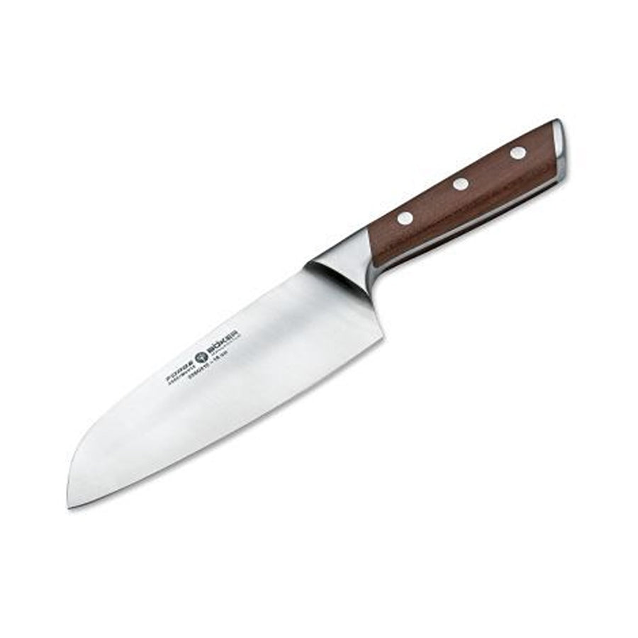 A Boker Forge Wood 16cm Santoku kitchen knife with a stainless steel blade and a brown maple wood handle with three rivets.
