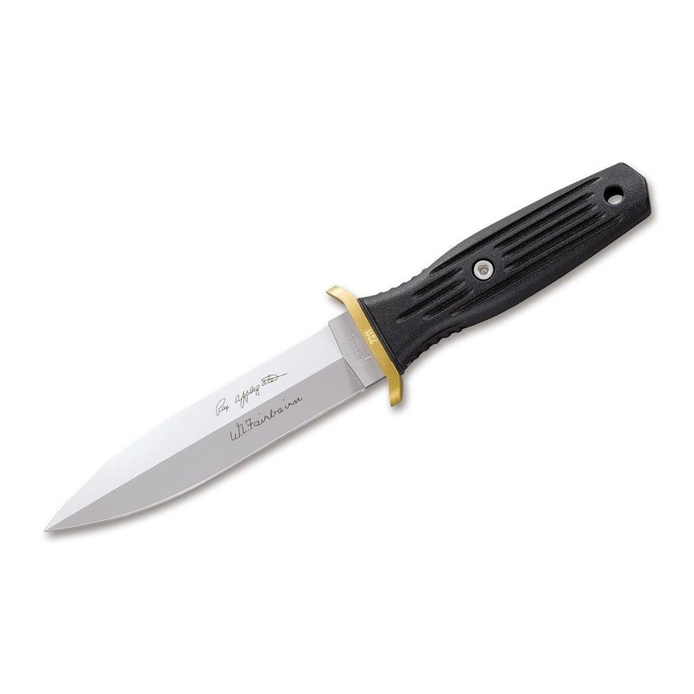 A fixed blade knife with a black handle and a stainless steel blade, featuring a conical dagger grind and a brass cross-guard.