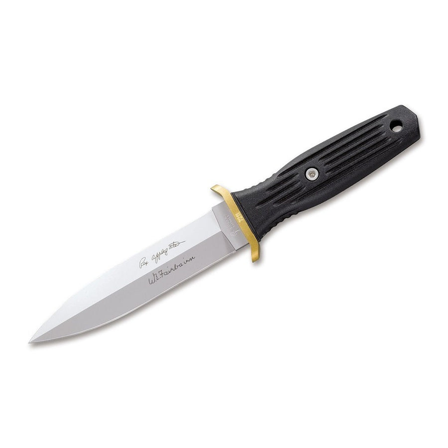A fixed blade knife with a black handle and a stainless steel blade, featuring a conical dagger grind and a brass cross-guard.