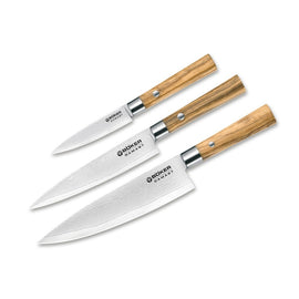 BOKER Damascus Olivewood 3 Piece Knife Set