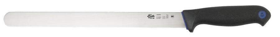 A 12-inch FROSTS MORA slicing knife with a stainless steel blade and a white, molded rubber handle.