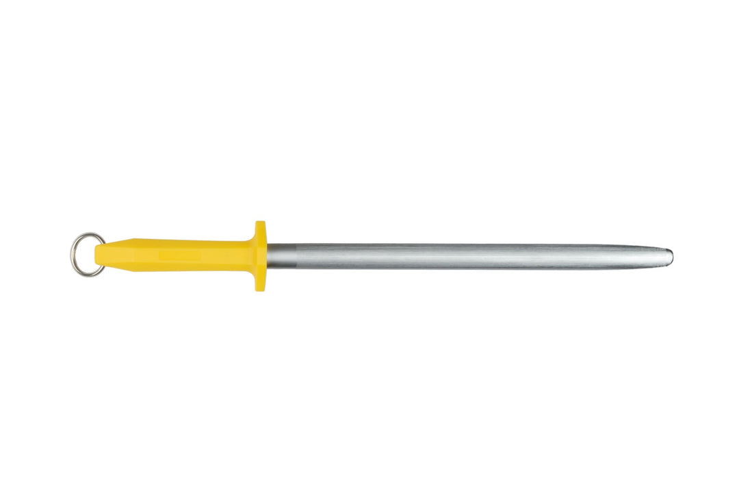 An oval-shaped, microfine sharpening steel with a yellow handle and silver metal rod, on a white background.