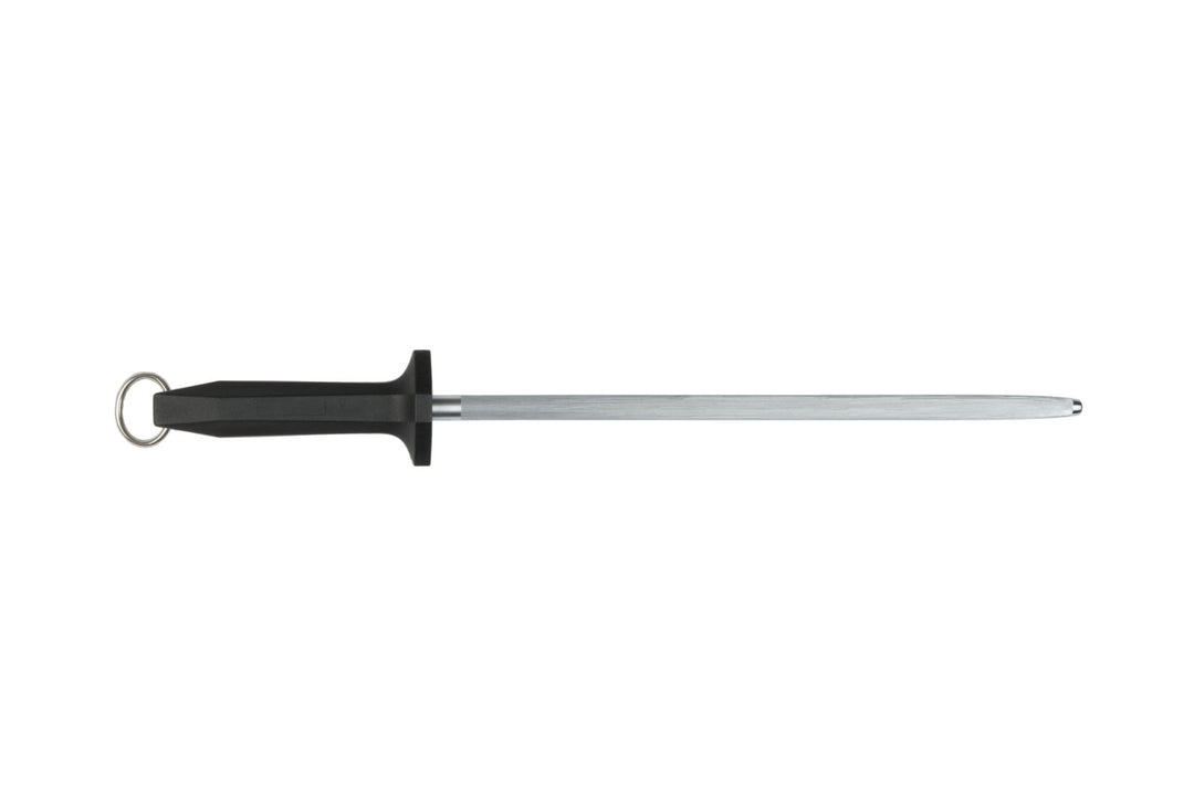 A black round sharpening steel with a silver-colored regular cut surface, having a handle made of food grade plastic.