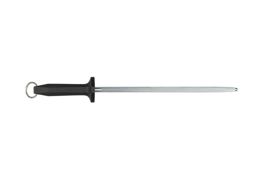 A black round sharpening steel with a silver-colored regular cut surface, having a handle made of food grade plastic.