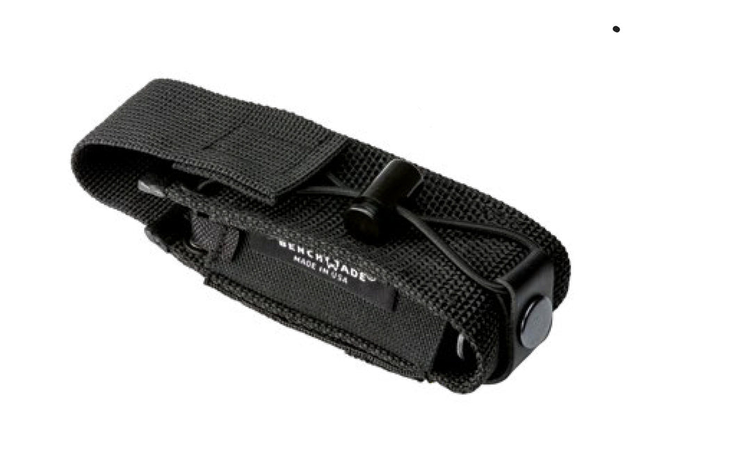 Black Cordura folder pouch with snap retention and a visible Benchmade logo, designed for knife storage.