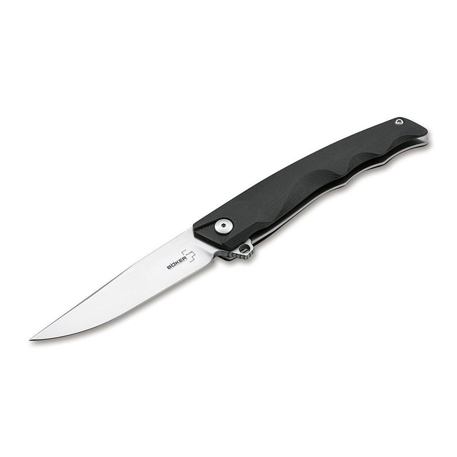 A folding knife with a black G10 handle and a partially serrated D2 steel blade, closed with a flipper and liner lock mechanism.