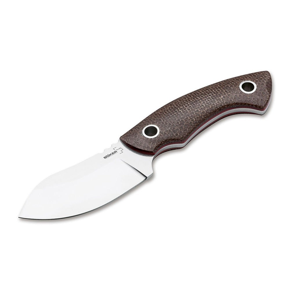 A BOKER PLUS Nessmi Pro Fixed Blade Knife with a brown Micarta handle featuring red liners and a satin finish blade.