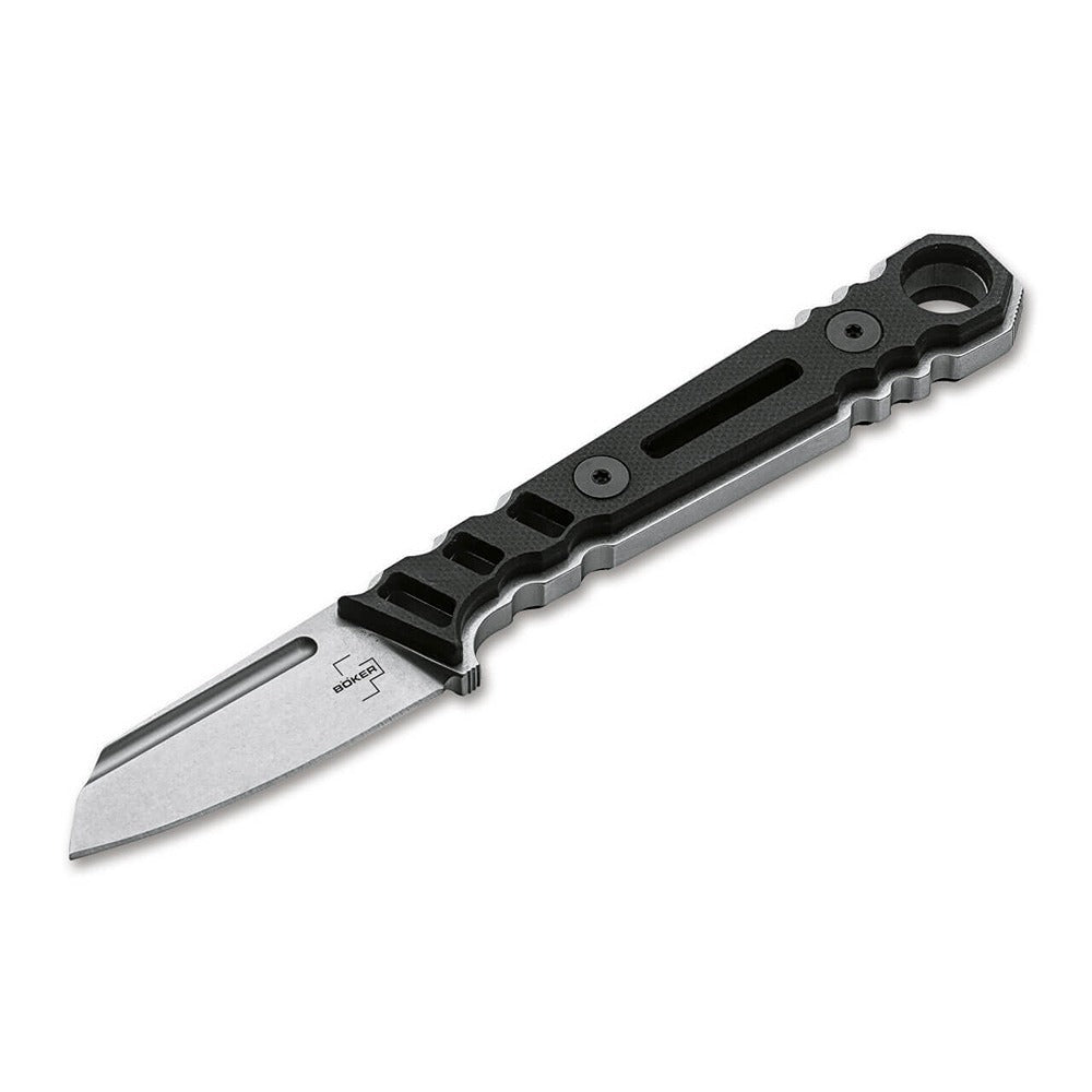 A black Boker Plus Ylvi fixed blade knife with a stonewash finish and a partially serrated edge. The knife features a black handle with jimpings and a hollow groove design.