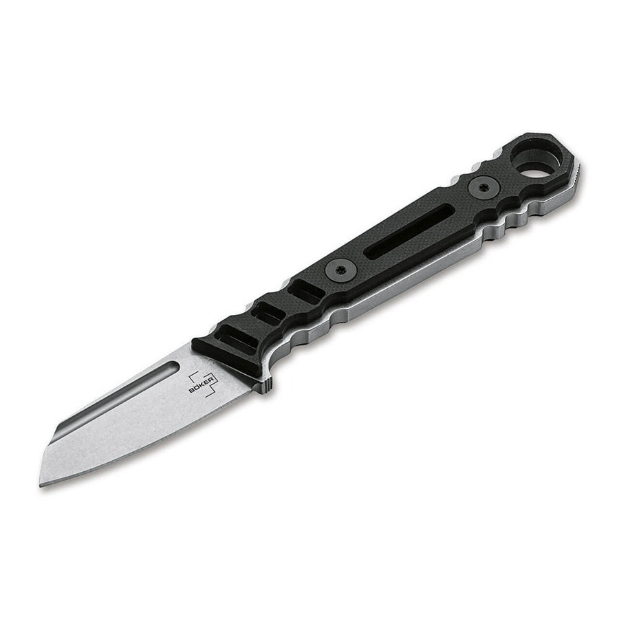 A black Boker Plus Ylvi fixed blade knife with a stonewash finish and a partially serrated edge. The knife features a black handle with jimpings and a hollow groove design.