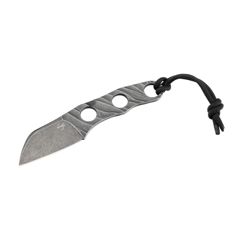 A BOKER PLUS fixed blade knife with a skeletonised steel design and a dark stonewash finish, accompanied by a black lanyard and ball chain.