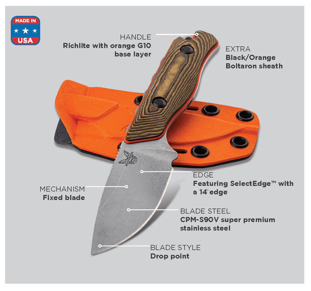 A Benchmade Hidden Canyon Hunter fixed blade knife with an orange and black Richlite handle, a drop point blade design, and a Boltaron sheath.